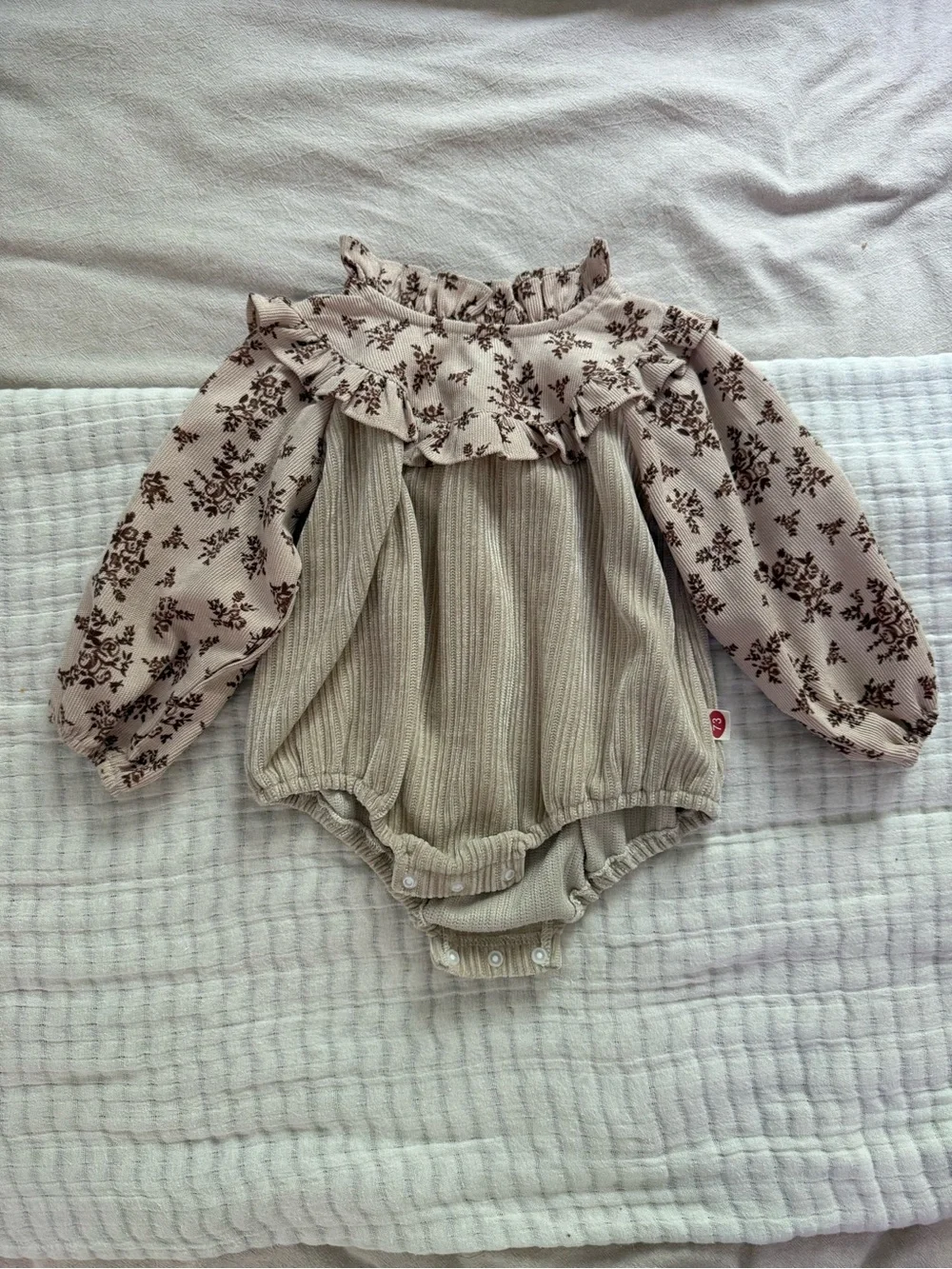 Baby Girls' Floral Ruffle Romper in Beige and Brown